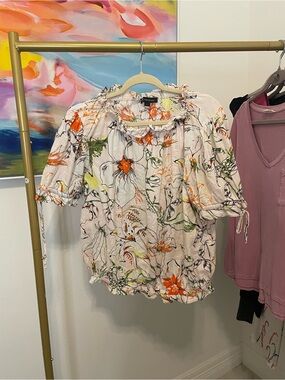 INC Floral Puff-Sleeve Peasant Top - White with Orange &‎ Green Linen XL